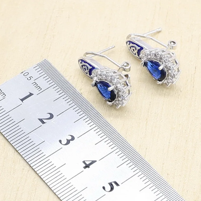 Серебряный набор украшений для женщин темно-синий циркон браслет серьги-кольца