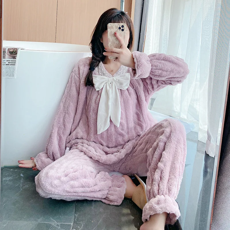 

Women Pajamas Suit Thick Top&Pants Bowknot Pyjamas Set Homewear 2PCS Nightwear Winter Sleepwear Flannel Loose Intimate Lingerie