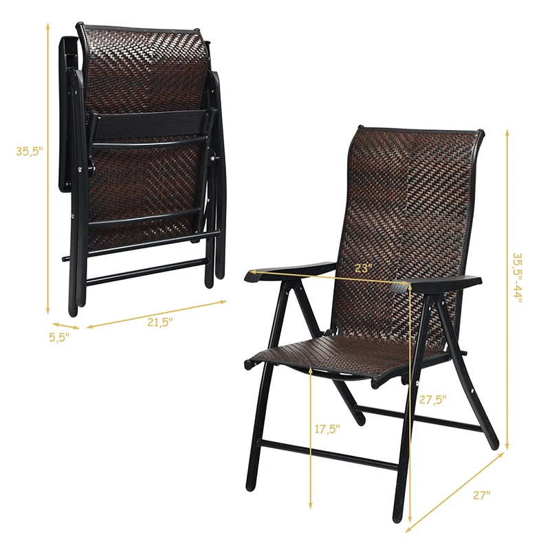 

2 Piece Patio Rattan Folding Reclining Chair 5 Adjustable Positions Durable Weather Resistant PE Rattan Ergonomic Outdoor Chair