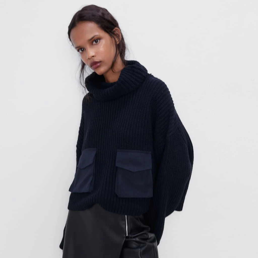 2019 ZA Модный повседневный элегантный свитер с воротником под горло и карманом в