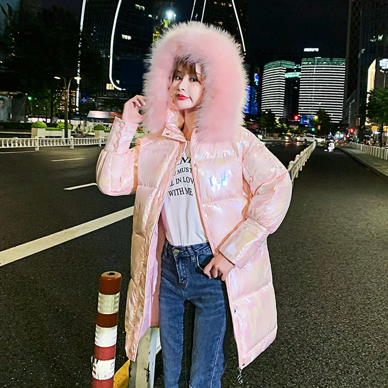 

Fitaylor New Winter Long Jacket Women Hooded Bright Color Artificial Fur Collar Warm Cotton Coat Loose Thick Snow Parka Outwear