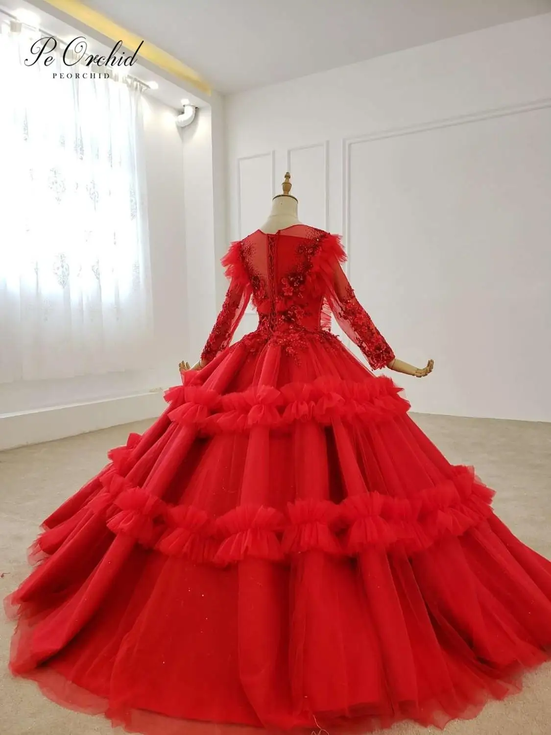 PEORCHID Red Ball Gown Bridal Dress Long Sleeve 2020 Vestidos Casamento Princess African Beaded flower floral Wedding Dress