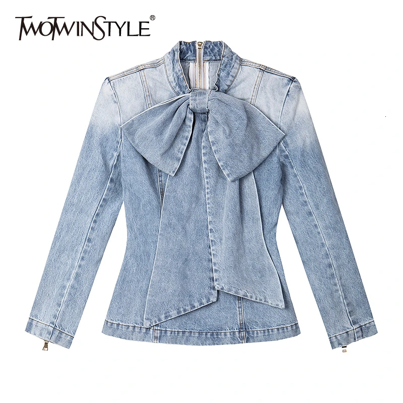 Женские джинсовые рубашки TWOTWINSTYLE повседневные приталенные блузки на шнуровке с