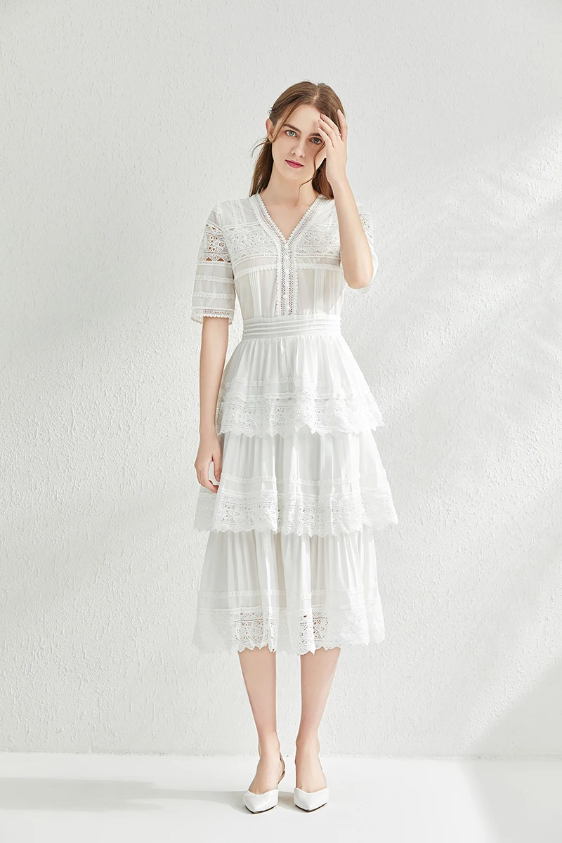 

Summer Self Portrait Runway Pleated Dress Women Chiffon Patchwork Lace Cascading Ruffles Long Dress Slim Cake Dresses