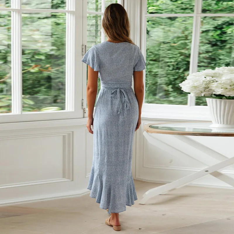 

Summer Ladies Beach Skirt Short Sleeve Dress Small Floral Skirt Bohemian Style V-Neck Ruffle Dresses Long Skirt