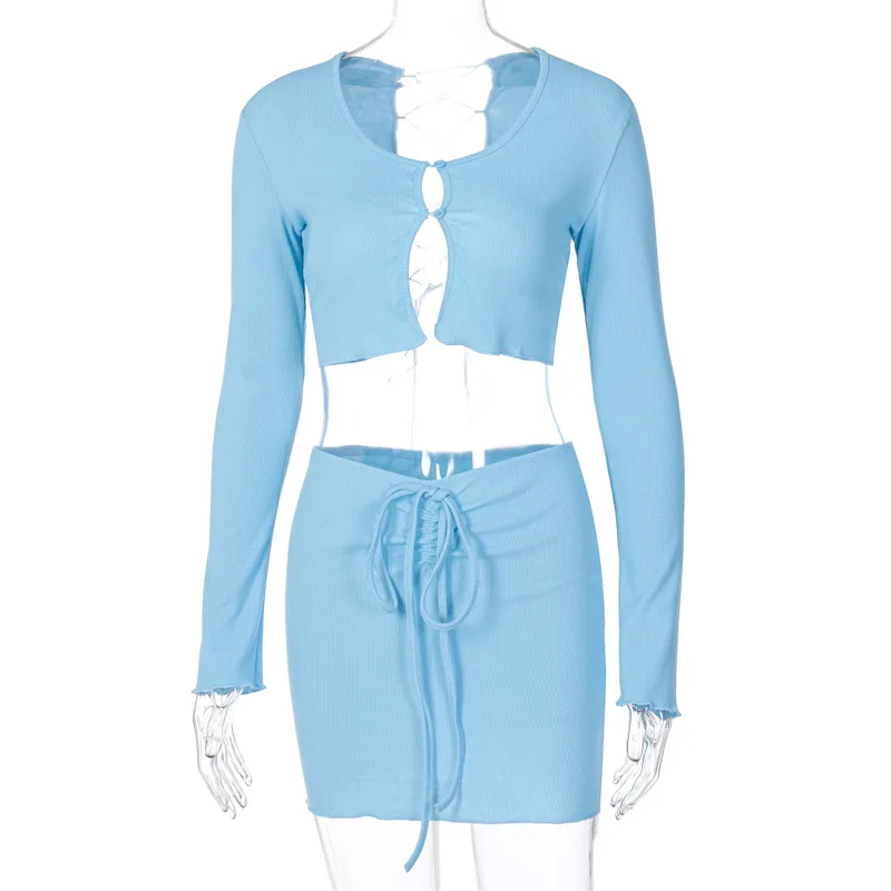 

Sexy Ribbed Lace Up Hollow Out Dress Sets 2-pieces cardigan Tops Women 2021 & bodycon Mini Skirt Streetwear Club Matching Outfit