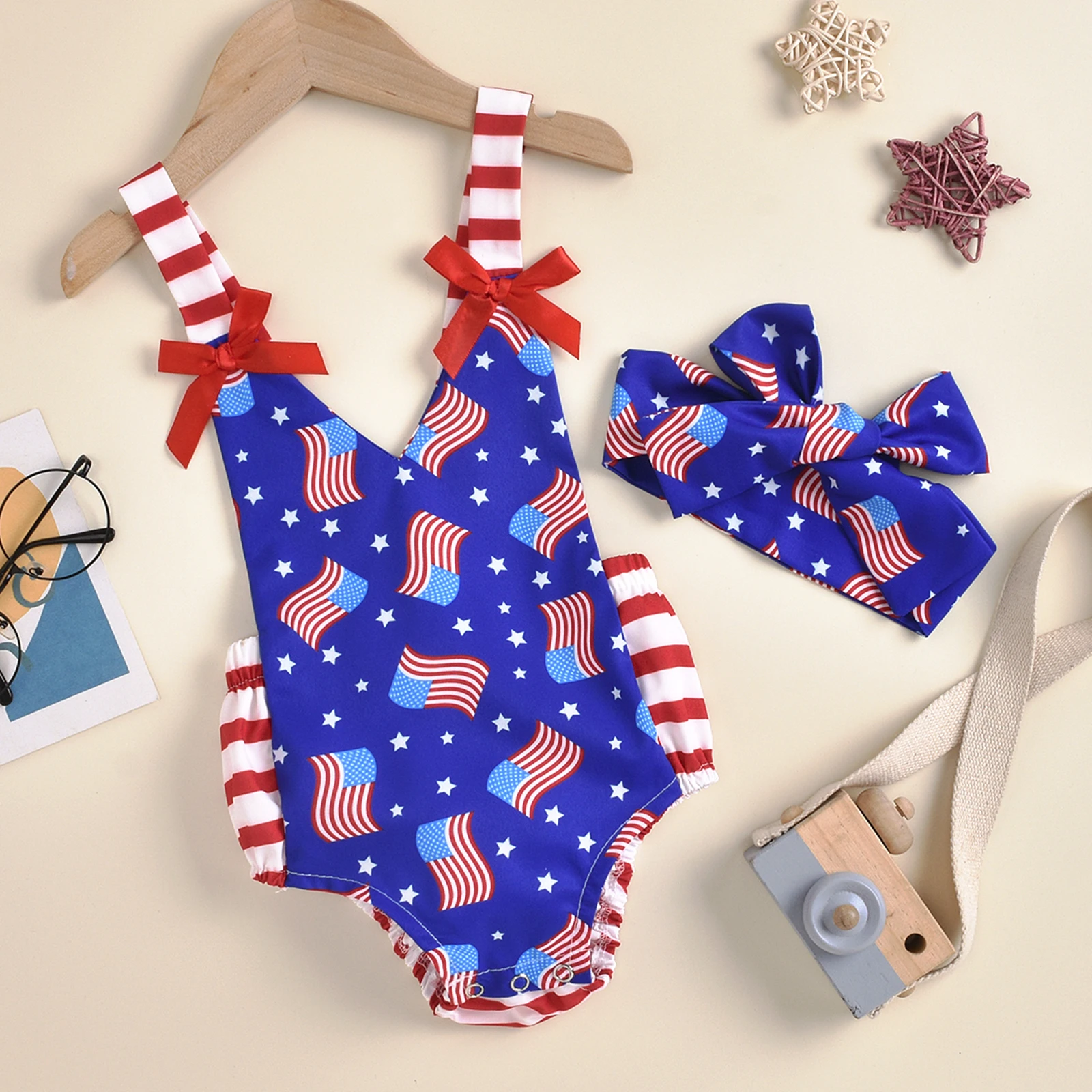 

2021 Baby Romper with Headband, American Flag Print V-Neck Sleeveless Bodysuit+ Hairband for Boys Girls, 6-24 Months