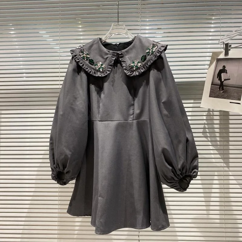 

Женское платье с отворотами, новое осеннее серое платье с вырезом из бисера и стразами, платье с пузырьковым рукавом и закрывающей талией, ...