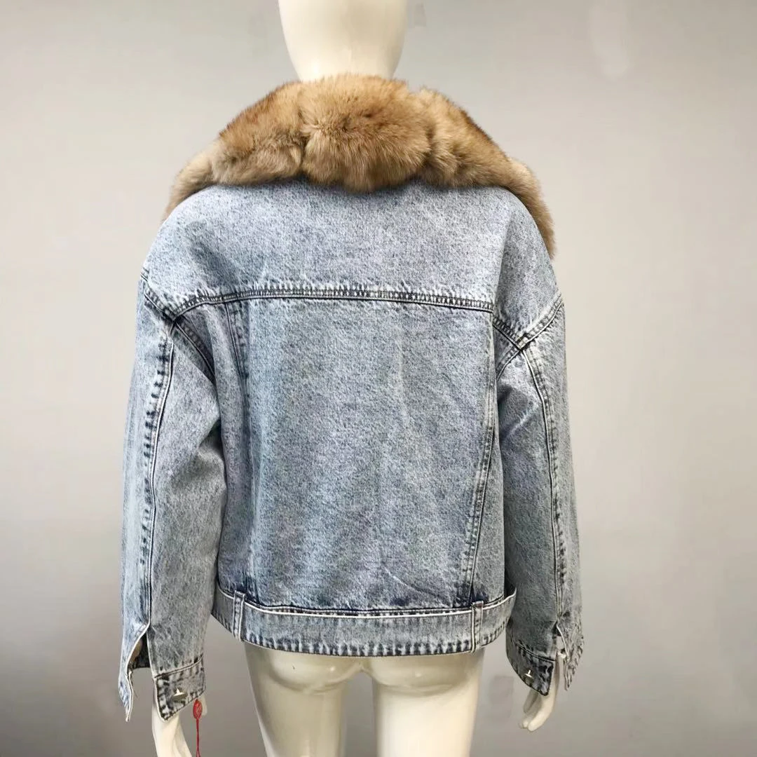 Fashion Real Fox Fur Coat Women Natural Winter High Quality Denim Jacket With Big Fox Fur Collar Luxury Fur Overcoats Woman 2022