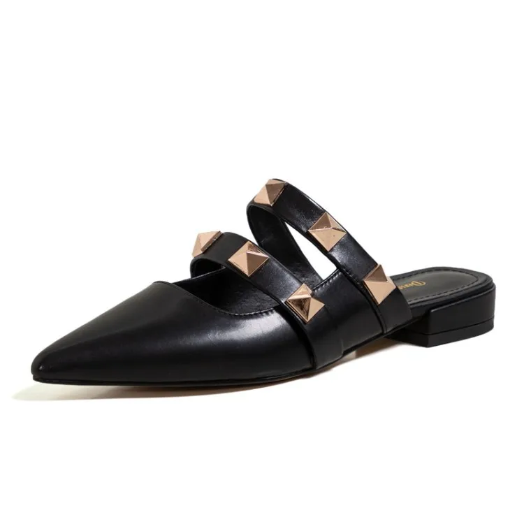 

Flat Shoes Female Womens Slippers Outdoor Mules Sexy Rivet Pantofle Low Slides Cover Toe 2021 Summer Fabric Basic Rubber PU Meta