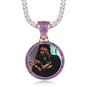 Purple Rose Gold На заказ, фото, медальоны с памятью, одноцветная подвеска, ожерелье, фиолетовый, розовый, AAA кубический циркон, круглая подвеска, теннисная цепь, ювелирные изделия в стиле хип-хоп - Окраска металла: Purple Rose Gold