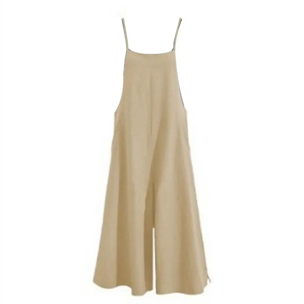 

Jumpsuit Women Solid Color Wide Leg Summer Shoulder Strap Side Pockets Mid Waist Loose Romper combinaison femme