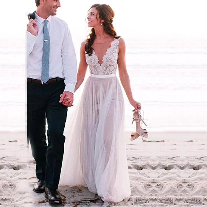 

Boho Elegant Wedding Dress 2020 V Neck Lace Appliques Bridal Gown Custom Made Beach Wedding Dress New Design vestido de noiva