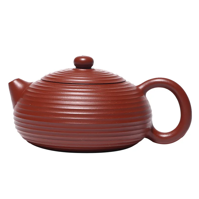 

Yixing Yixing Tea Set Raw Ore Bright Red Robe Thread Flat Xi Shi Pot Ribs Dark-red Enameled Pottery Teapot Full Manual