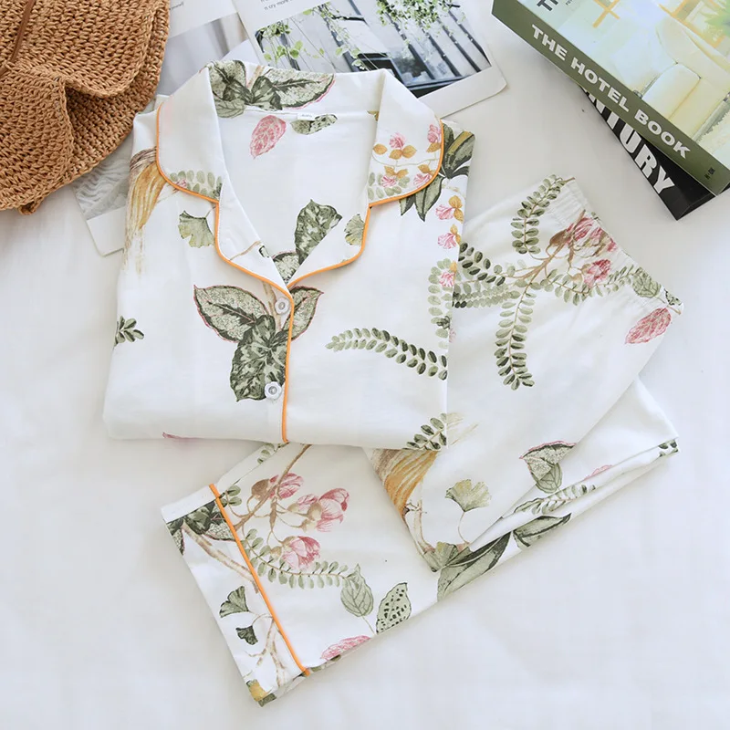 

Ladies Knitted Cotton Pajamas Sets Spring Autumn Long-Sleeved Pants Thin Large Size Loose Suit Ginkgo Leaves Female Home Service