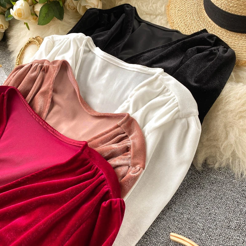 

Foamlina Women 2020 Fashion Velvet Top Autumn Winter Long Sleeve V-neck Single Buttons Cropped Shirts Vintage Female Chic Tops