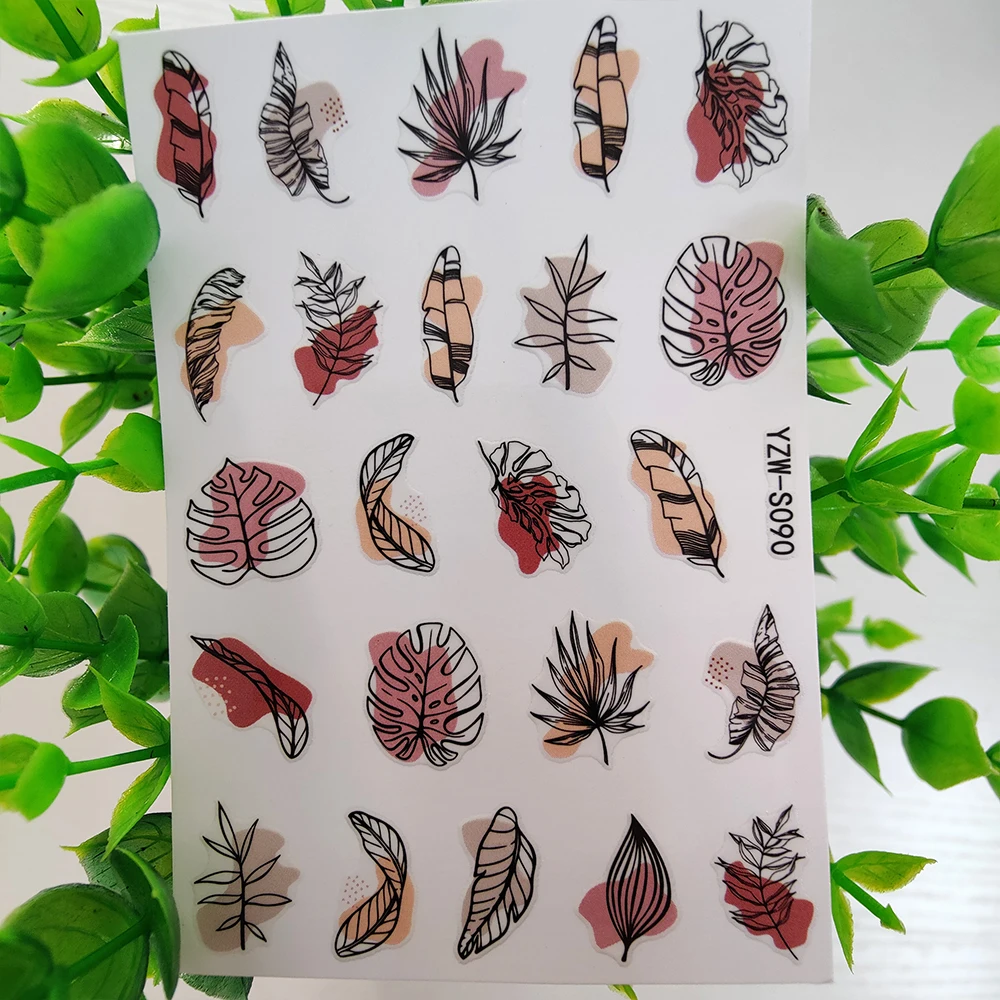 

Leaf Colorful Nail Sticker 3D Big Thin Long Yellow Pink Black Leaves Decoration Manicure Sliders Line Geometry Nail Art Decor