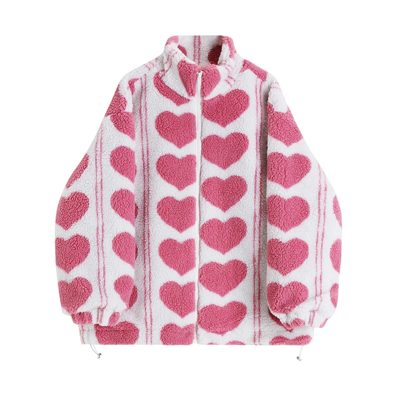Love Pattern Imitation Lambswool Cotton Jacket Women Autumn Winter Clothes Loose Long-sleeve Blouse Female Cotton-padded Jacket