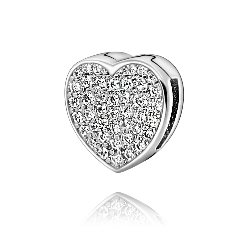 

2020 Valentine's New 925 Sterling Silver Beads Pav Heart Clip Charm fit Original Pandora Bracelets Women DIY Jewelry