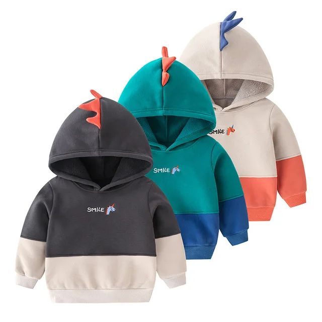 

Toddler Boys Hoodies Thicken Cartoon Dinosaur Hooded Sweatshirt for Boys Kids Clothing Fashion Splice Baby Boys Pullover 2-8 Y