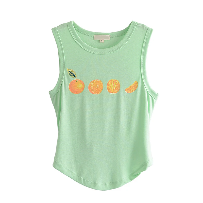 

Новинка 2022, хлопковая Футболка с принтом фруктов, женский летний кроп-топ без рукавов с круглым вырезом, Дамское сексуальное с открытой спин...