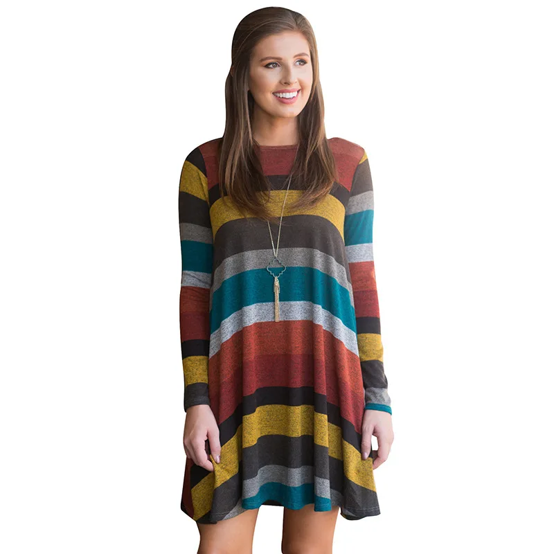 Модное женское осенне-зимнее платье с круглым вырезом и длинным рукавом в