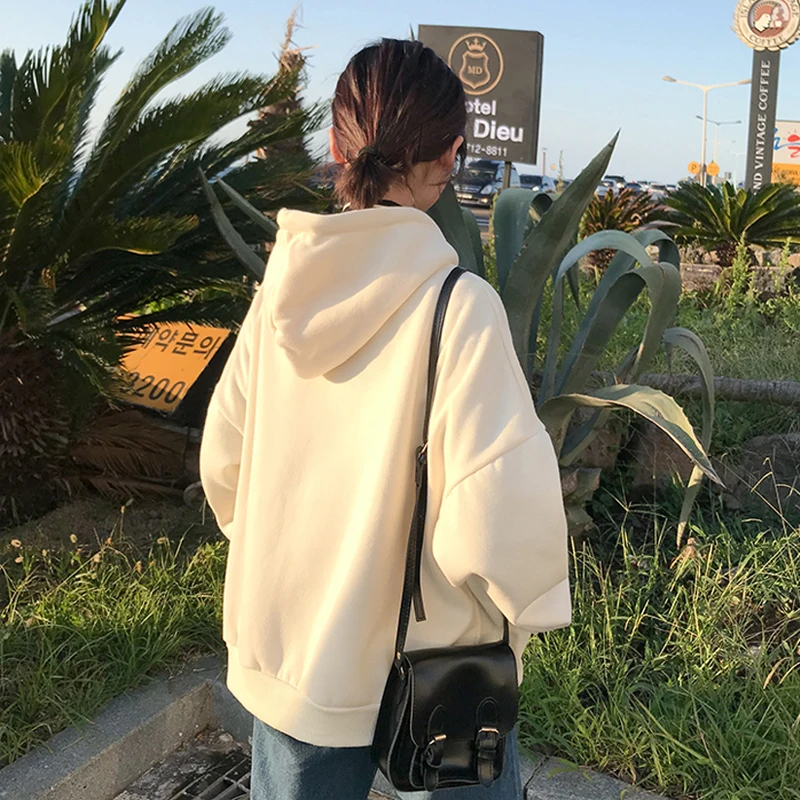 

Harajuku Pullovers Casual Solid Hooded Sweatshirts Women Preppy Casual Front Pocket Hoodies Fleece Warm Clothes