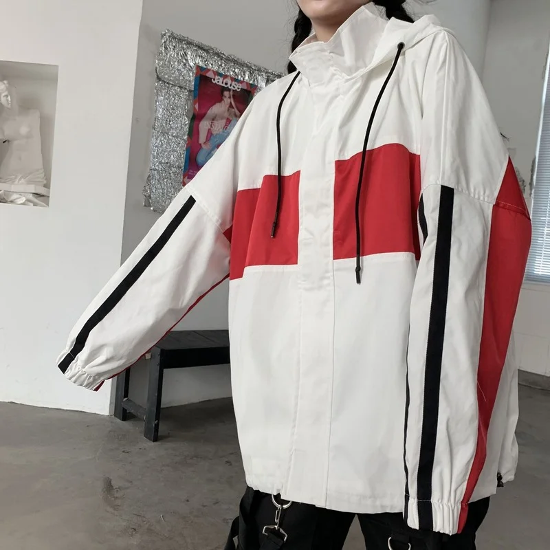 

Spring Jacket Mens Korean Style Loose Autumn Hip Hop Jacket Coat Men Preppy Style Couple Zipper Windproof Color Contrast Men Top