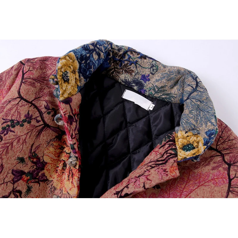 2019 Autumn Women's Retro National Wind Coat Short Section Thin Disc Buckle Printed Cotton Parkas | Женская одежда