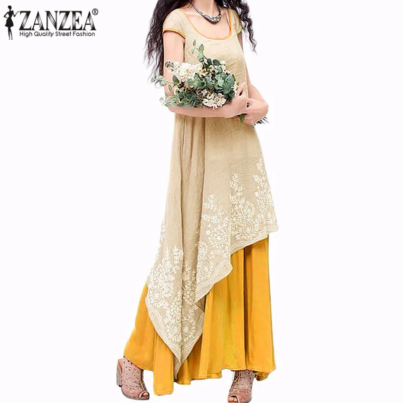 

7 Colors Vestidos 2021 Summer Women Vintage Loose Maxi Dress Short Sleeve Floral Embroidery Two Layers Dress Oversized