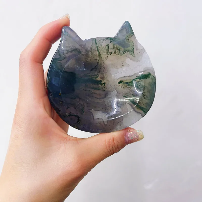 Natürliche Moos Achat Katze Form Kristall Schüssel Hand Geschnitzte Raue Stein Healing Edelstein Wohnkultur
