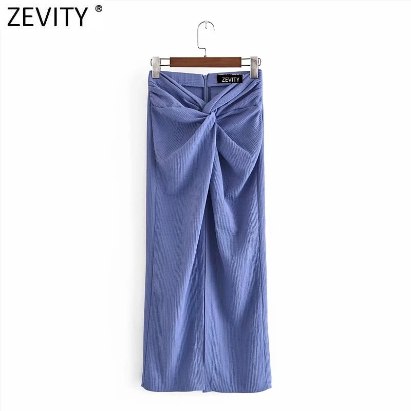 

Zevity 2021 Women Fashion Solid Knotted Design Split A Line Skirt Faldas Mujer Femme Back Zipper Slim Summer Midi Vestido QUN763