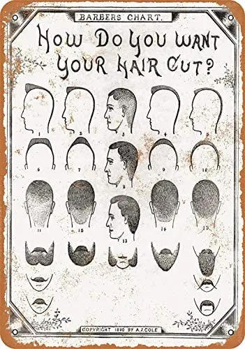 

12 x 16 Inches Metal Sign - 1890 Barber Haircut Chart - Vintage Look Wall Decoration