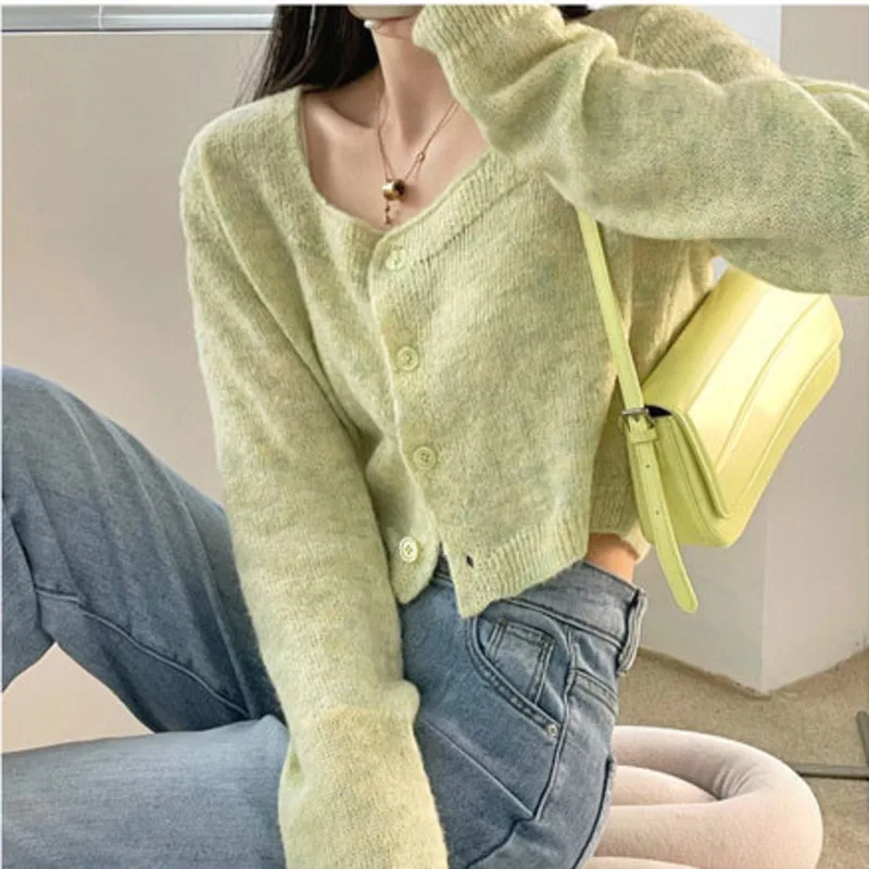 

Винтажный мягкий однотонный короткий женский кардиган, женские свободные модные свитера, пальто, трендовая корейская мода, вязаный женский...