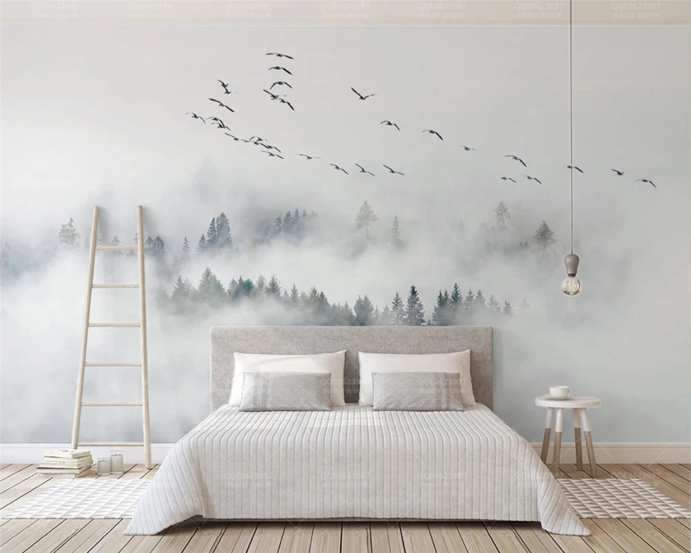 Пользовательские Современные 3D обои современный свежий лес облака флок птицы