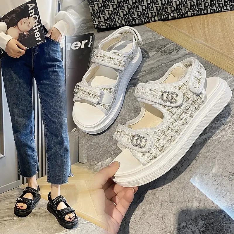 

2021 Summer Women Sandals Trend Casual Flat Velcro Embroidery Thick-Soled Roman Shoes Platform Open-Toed Sandals