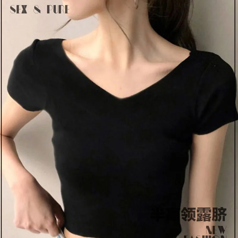 

LUX ANGNER 2020 Summer Korean Fashion T Shirt V-neck Solid Color Short-sleeved Office lady Hot Tops and Tees Women Clothes