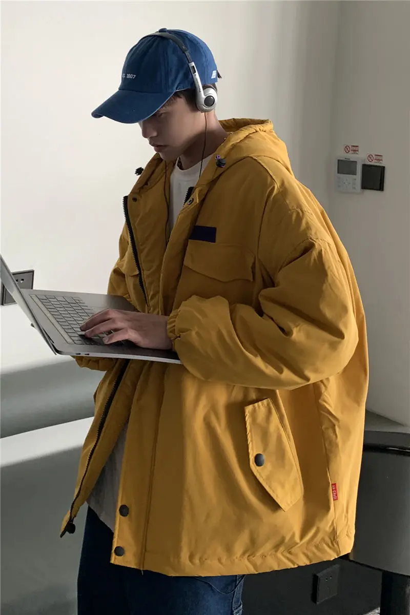 

2020 Autumn And Winter New Youth Popular Loose Solid Color Wild Warm Hooded Cotton Coat Fashionable Casual Multi-pocket Top