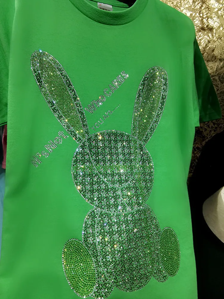 Летняя хлопковая Футболка Стразы с кристаллами женские свободные футболки из