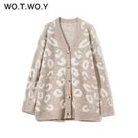 wotwoy autumn winter v neck knitted cardigans women single breasted printed loose sweaters female casual cardigans soft knitwear