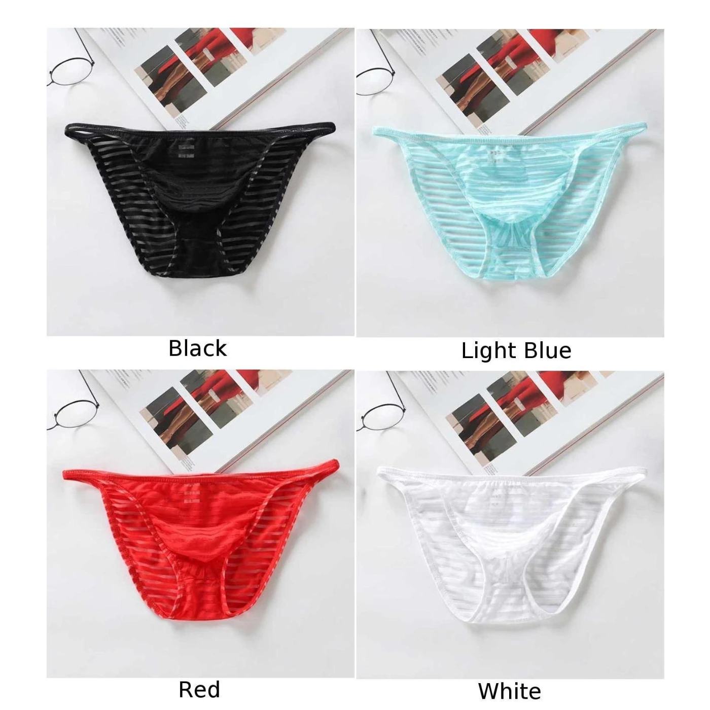 

Men's Briefs Sexy Low Rise Stripe See Through Underwear Breathable Briefs Thong T-Back Underpants Clothes Male Comfortable