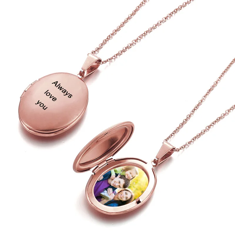 Custom Photo Name Necklace Stainless Steel Oval Locket Engraving Name Date Gold Necklaces for Women Men Choker Memory Jewelry