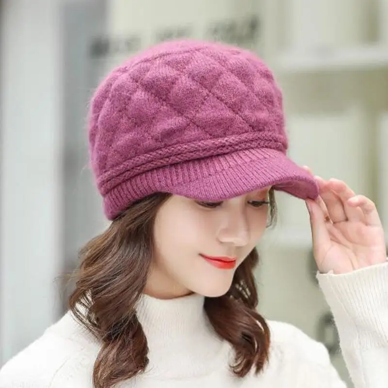 Autumn Winter Hats for Women Warm Thick Rabbit Fur Hats Women Newsboy Berets Ladies With Woolen Knitted Hat Female Caps