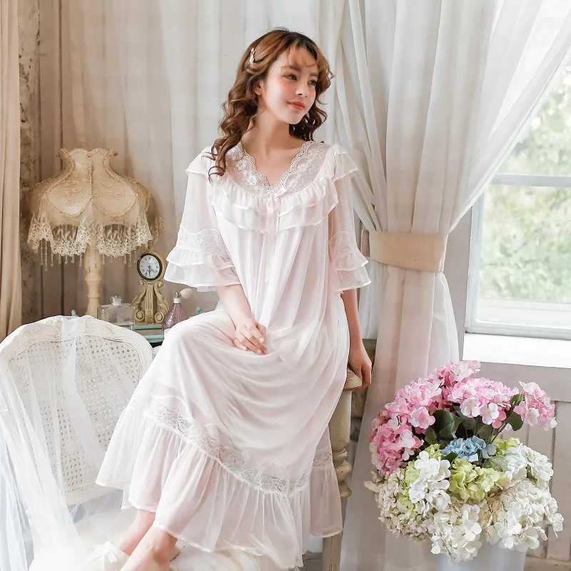 

Summer Short Sleeve Cotton female's Long Nightgowns Gauze Delicate Embroidered Lace Girls Modal Thin Vintage Princess Sleepwear