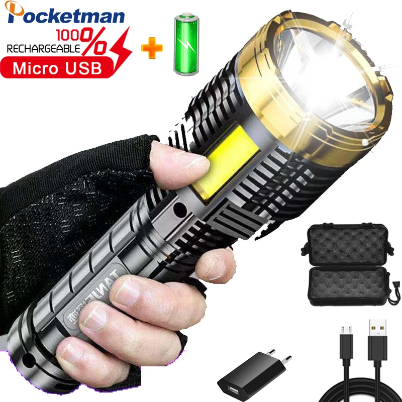 

Powerful LED Flashlight USB Rechargeable Torch Lanterna with COB Sidelight Waterproof ishing Camping Lamp Built in Battery