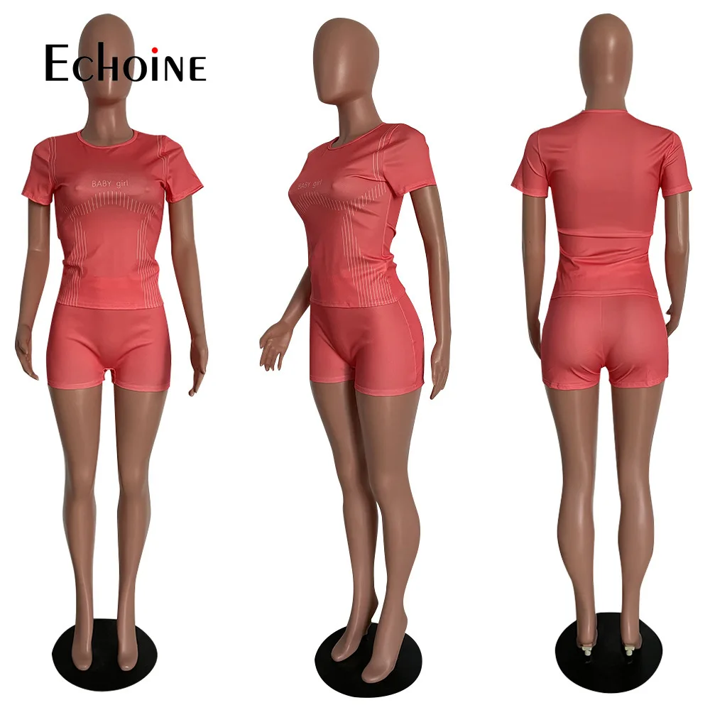 

Oluolin Elastic Letter Print Fitness Matching Sets Women Summer Outfits Short Sleeve T-shirts and Skinny Short Athleisure Outfit