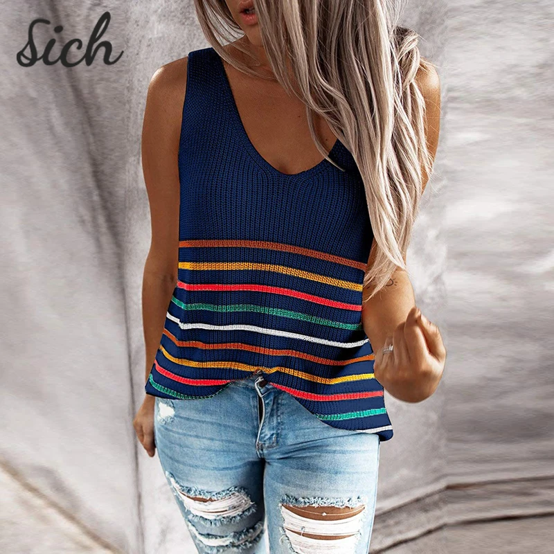 

2021 Women Striped Slim Pullover Tank Tops Ladies Knitted Vest Sexy V-Neck Sleeveless Shirt Spring Summer Vacation Clothes 3XL