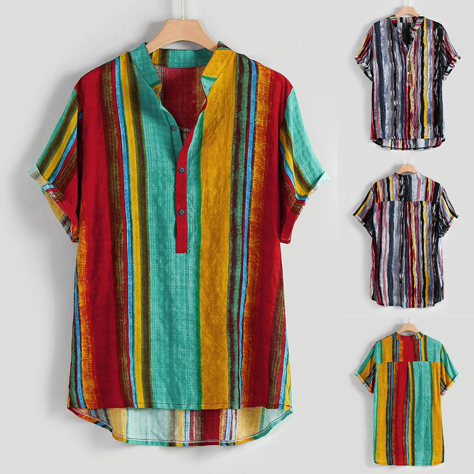 

Рубашка мужская с воротником-стойкой, модная сорочка с принтом в полоску, короткий рукав, лето