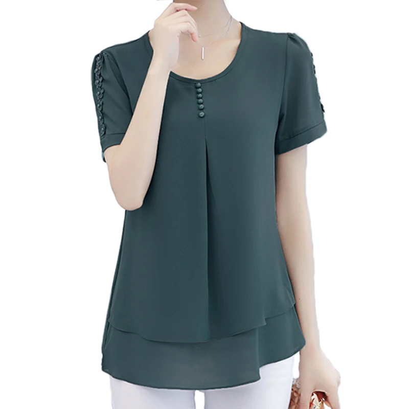 Летние шифоновые блузки модные женские рубашки с круглым вырезом туника