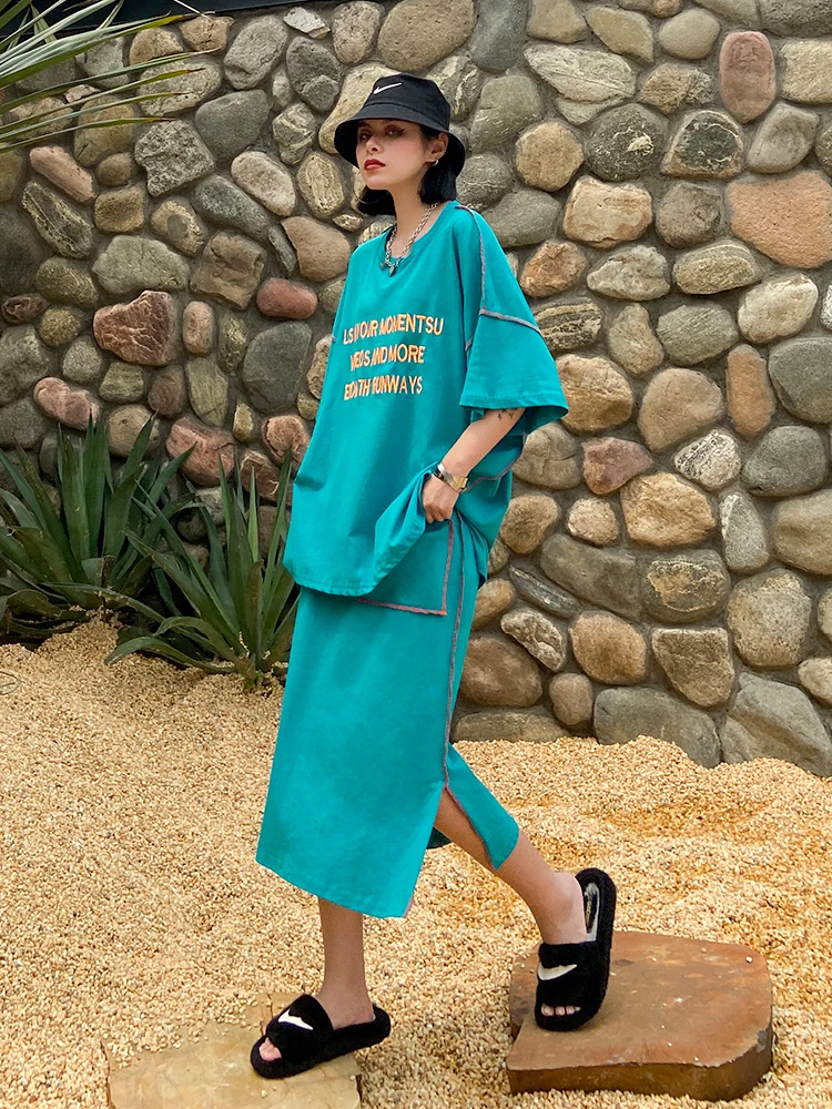 

Fat mm net red casual suit skirt female summer large size casual fashion T-shirt +skirt two-piece suit was thin temperament suit